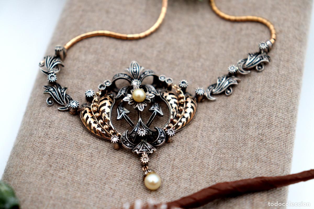 Joyeria: Collar en oro y plata de 19,2K con perla y diamantes. - Foto 2