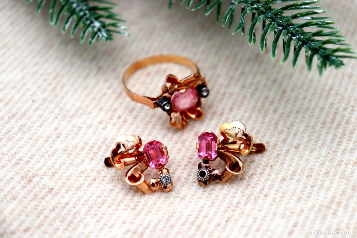 Joyeria: Conjunto de anillo y pendientes en oro de 19,2K. - Foto 2
