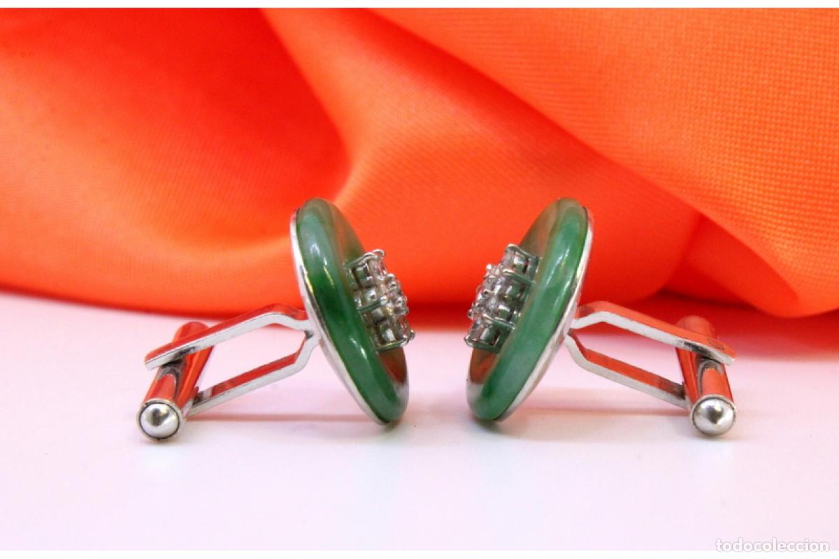Joyeria: Gemelos de oro de 18 quilates con diamantes y jade. - Foto 2
