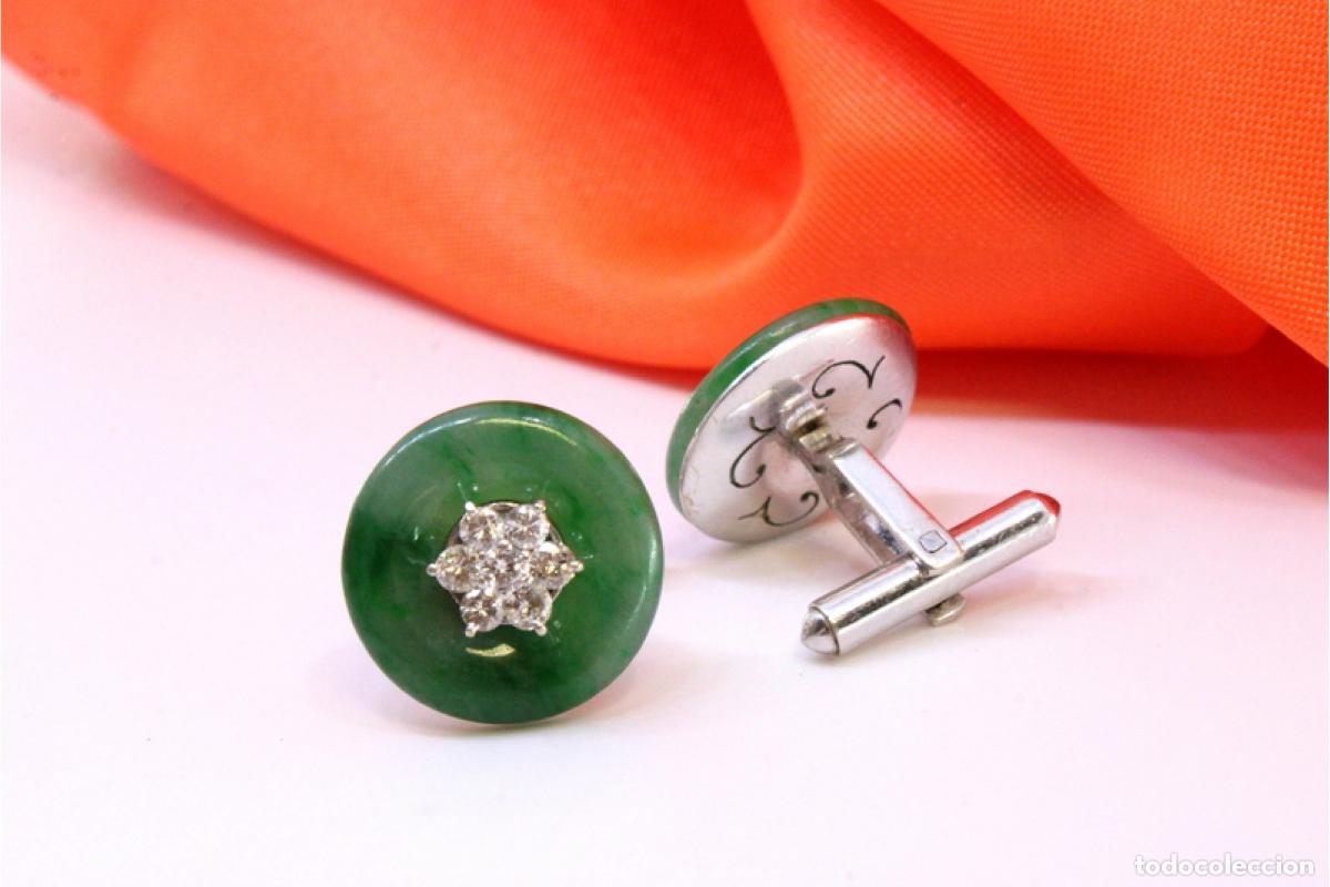 Joyeria: Gemelos de oro de 18 quilates con diamantes y jade. - Foto 3
