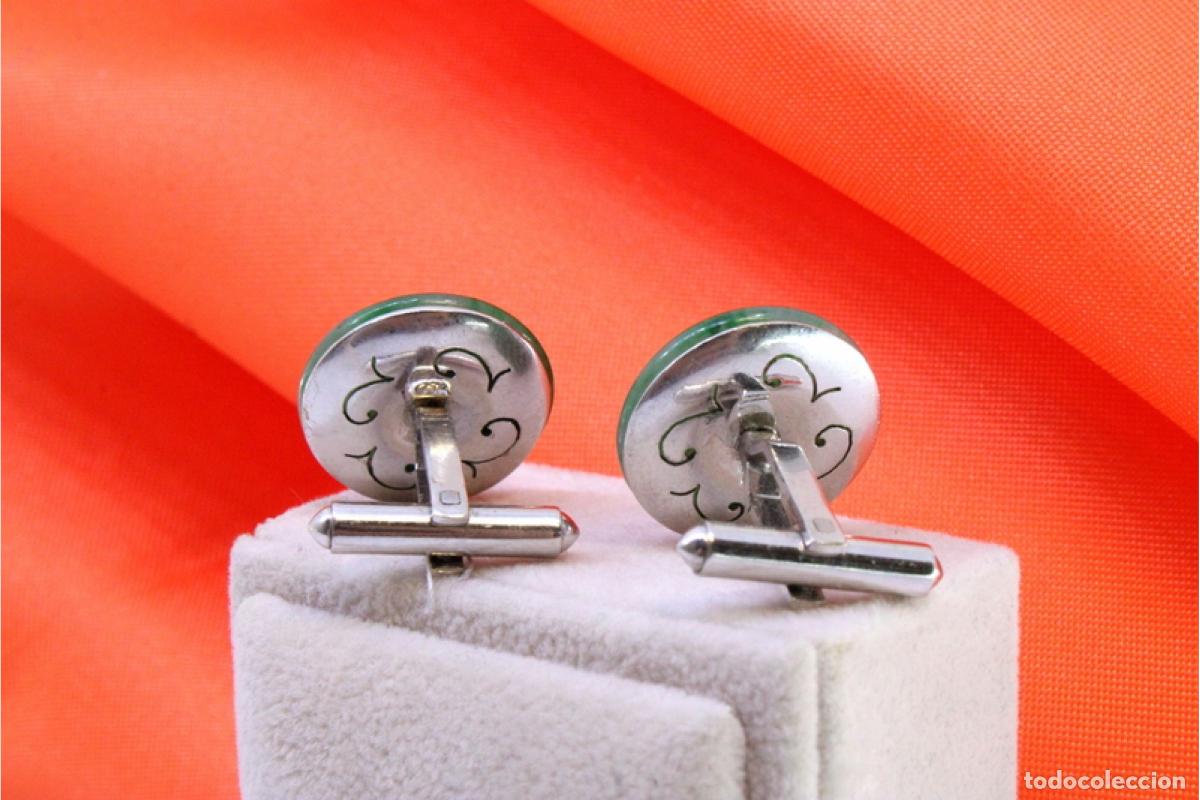 Joyeria: Gemelos de oro de 18 quilates con diamantes y jade. - Foto 4