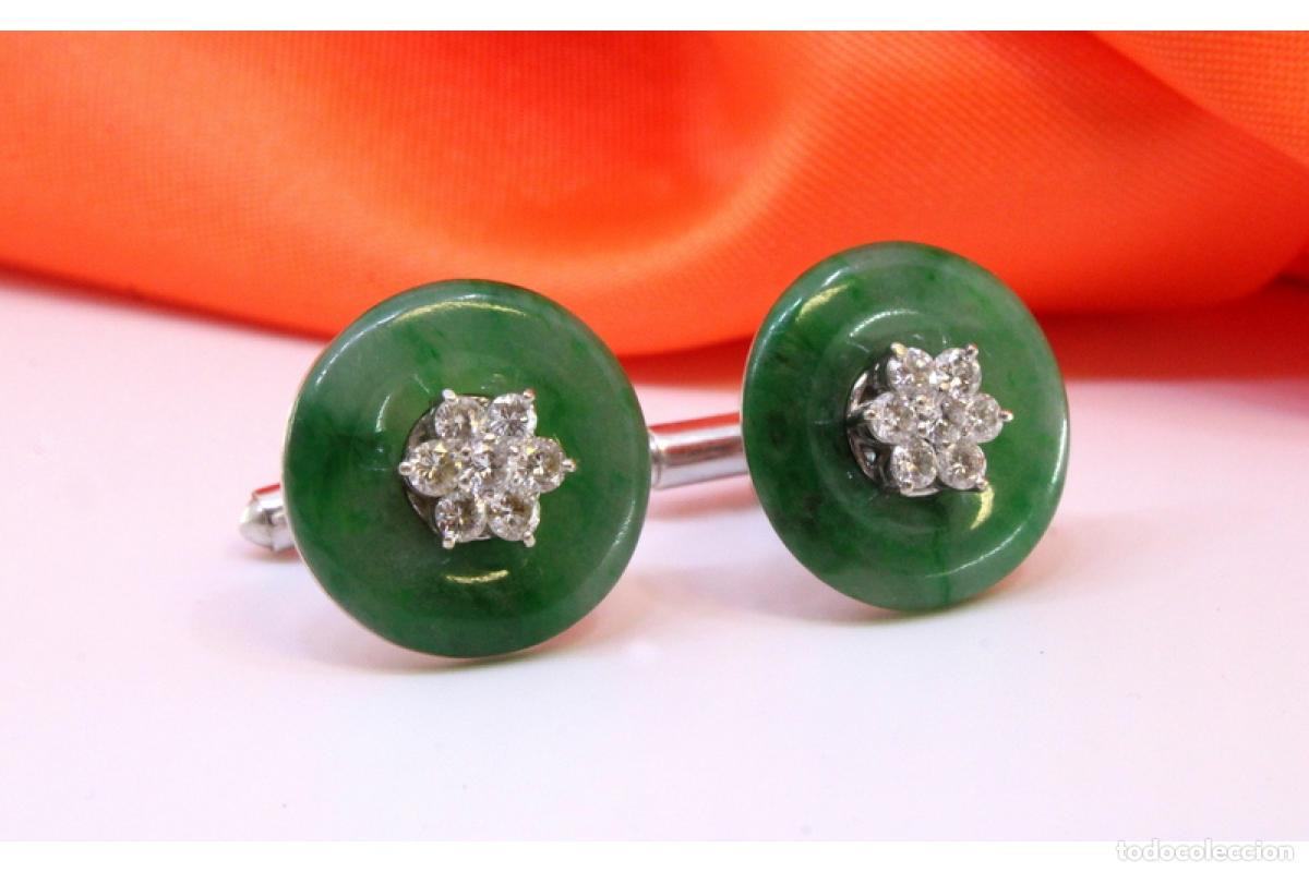 Joyeria: Gemelos de oro de 18 quilates con diamantes y jade. - Foto 5