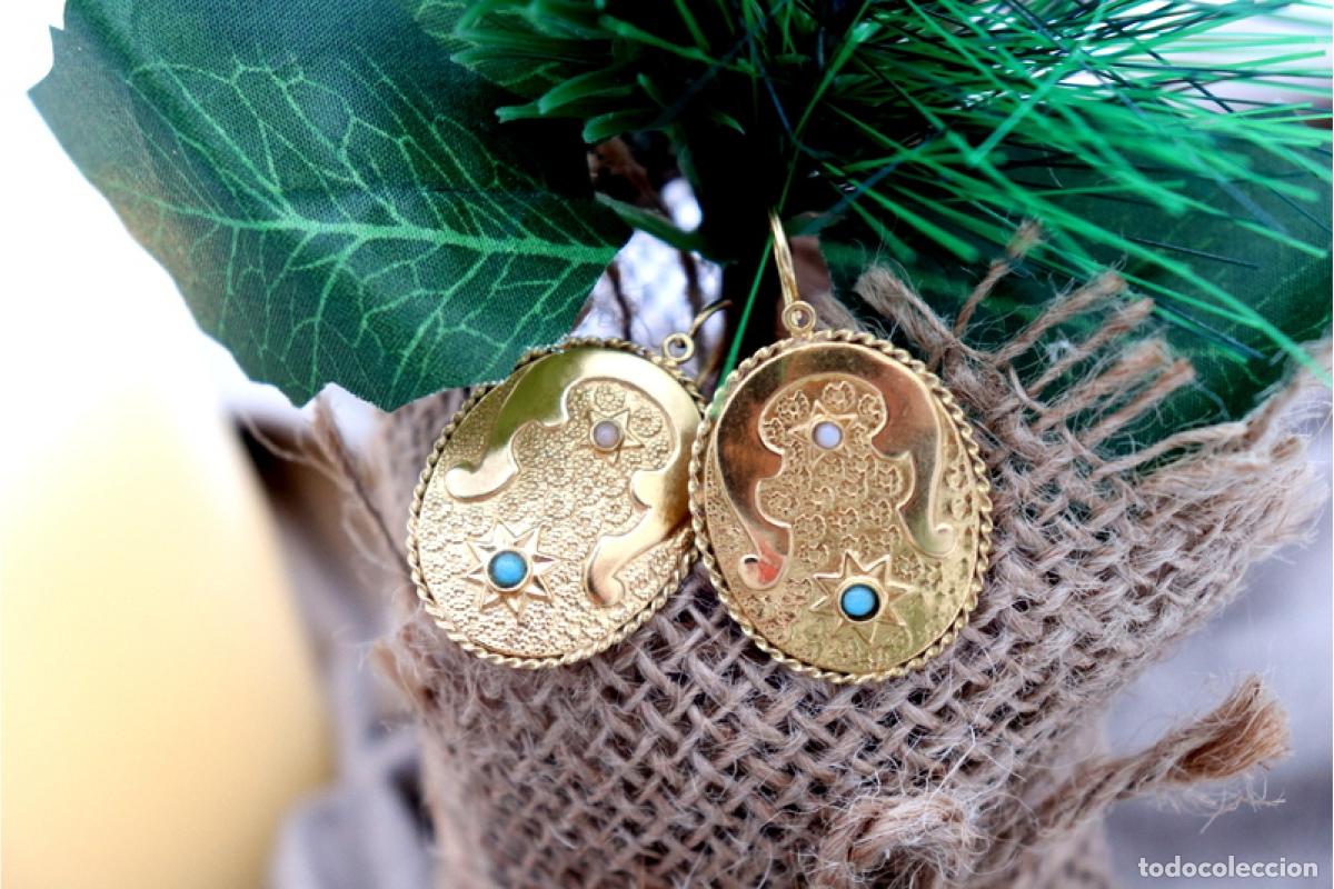 Joyeria: Pendientes en oro de 19,2K con turquesas y perlas. - Foto 2