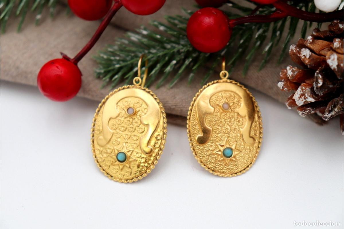 Joyeria: Pendientes en oro de 19,2K con turquesas y perlas. - Foto 6