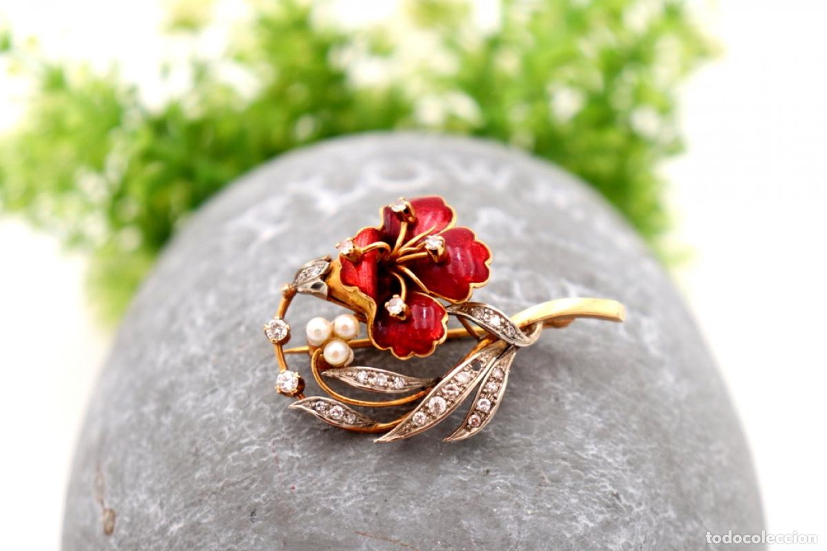 Joyeria: Broche de oro de 19,2 quilates con diamantes y perlas - Foto 1