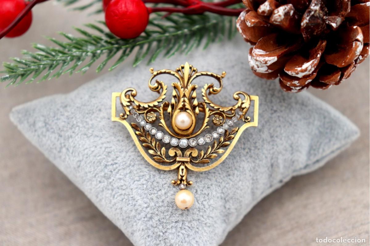 Joyeria: Broche de oro de 19,2 quilates con perlas y diamantes - Foto 1