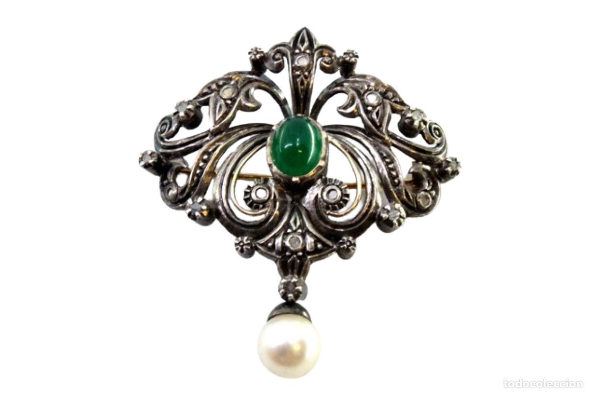 Joyeria: Broche en oro y plata de 19,2K con diamantes y perla. - Foto 1