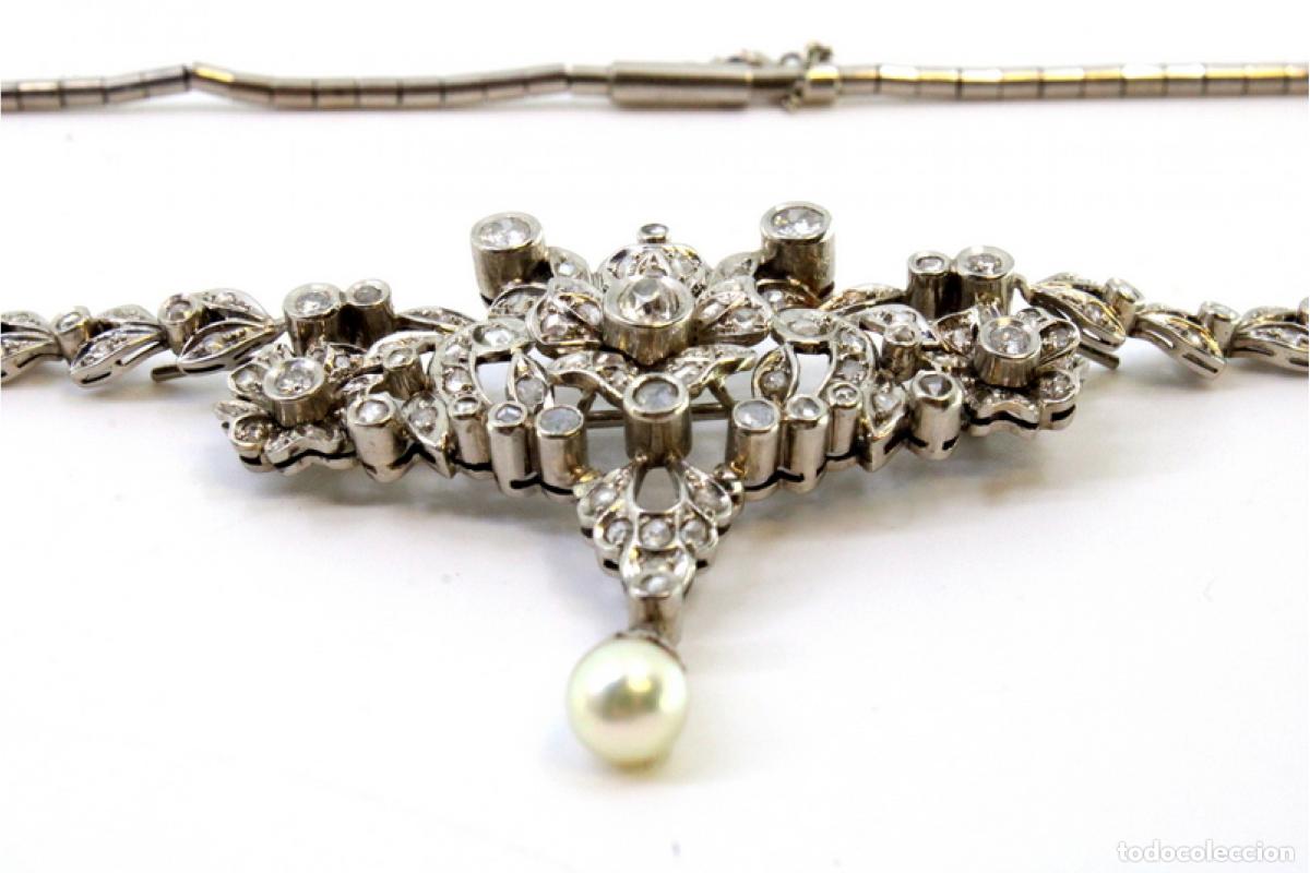 Joyeria: Collar de oro blanco de 19,2K con perla y diamantes. - Foto 3