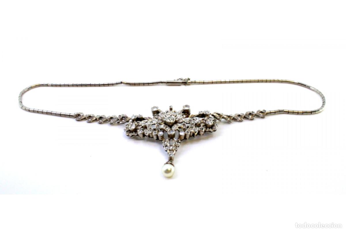 Joyeria: Collar de oro blanco de 19,2K con perla y diamantes. - Foto 4