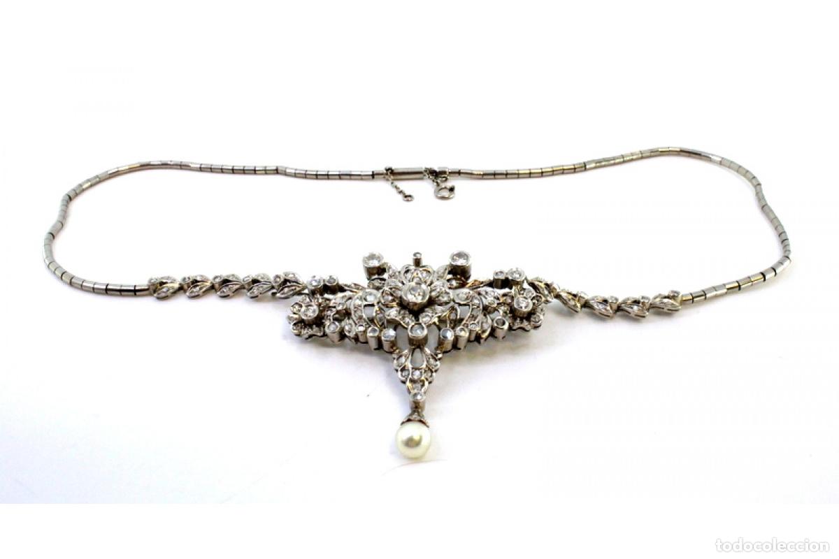 Joyeria: Collar de oro blanco de 19,2K con perla y diamantes. - Foto 6