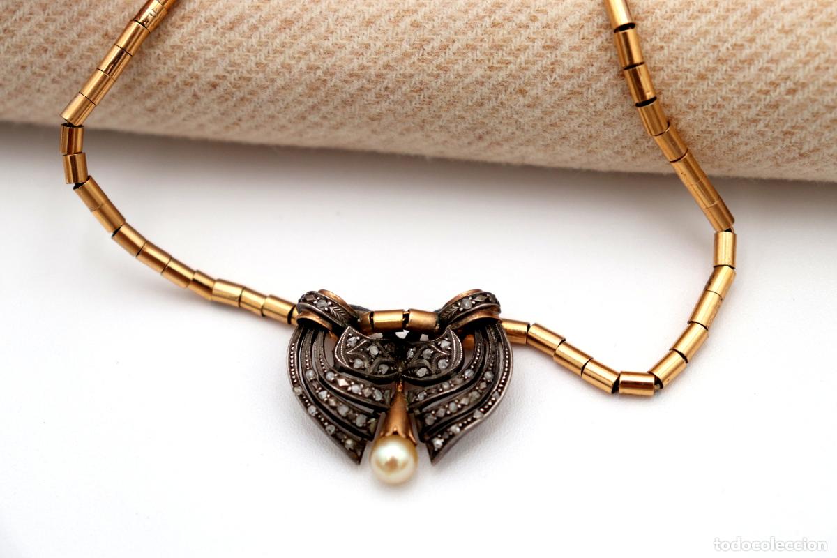 Joyeria: Collar en oro y plata de 19,2K con perla y diamantes. - Foto 2