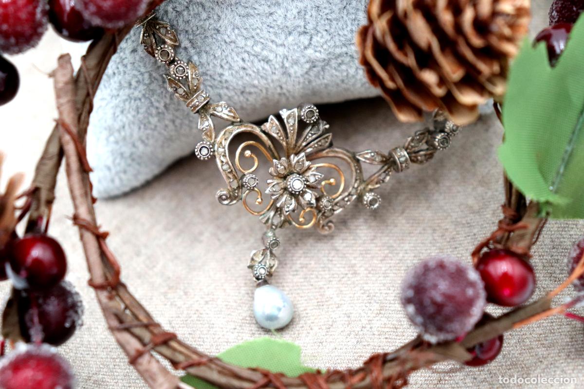 Joyeria: Collar en oro y plata de 19,2K con perla y diamantes. - Foto 2