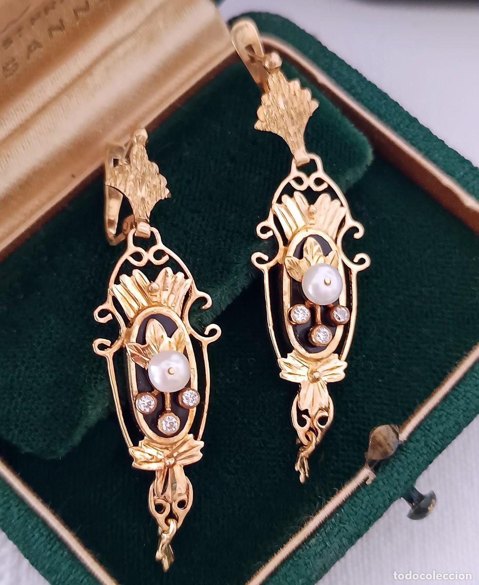 Joyeria: ANTIGUOS PENDIENTES DE &Eacute;POCA VICTORIANA EN ORO 18 KILATES, 6 DIAMANTES Y PERLITAS FINAS. 6,5 GRAMOS