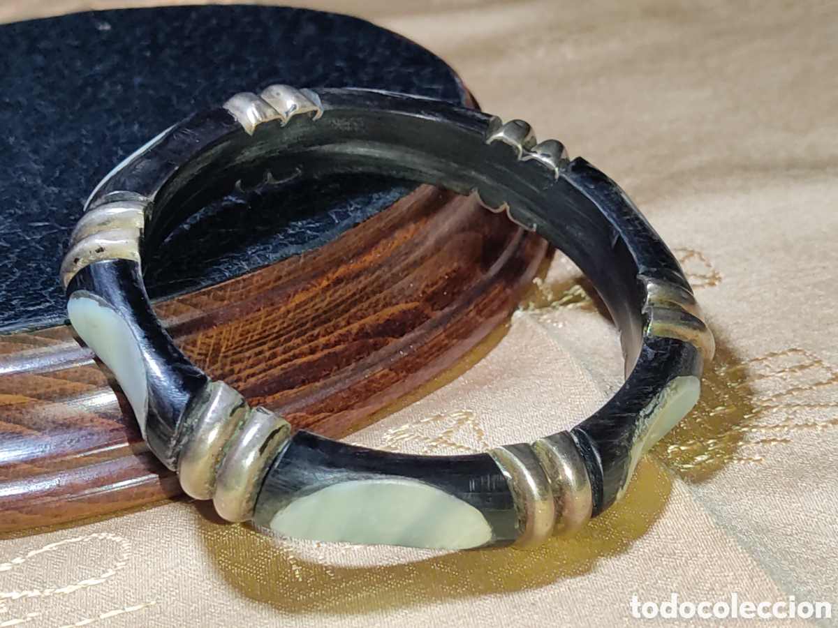 Joyeria: Pulsera de madera,n&aacute;car y lat&oacute;n.Vintage. - Foto 4