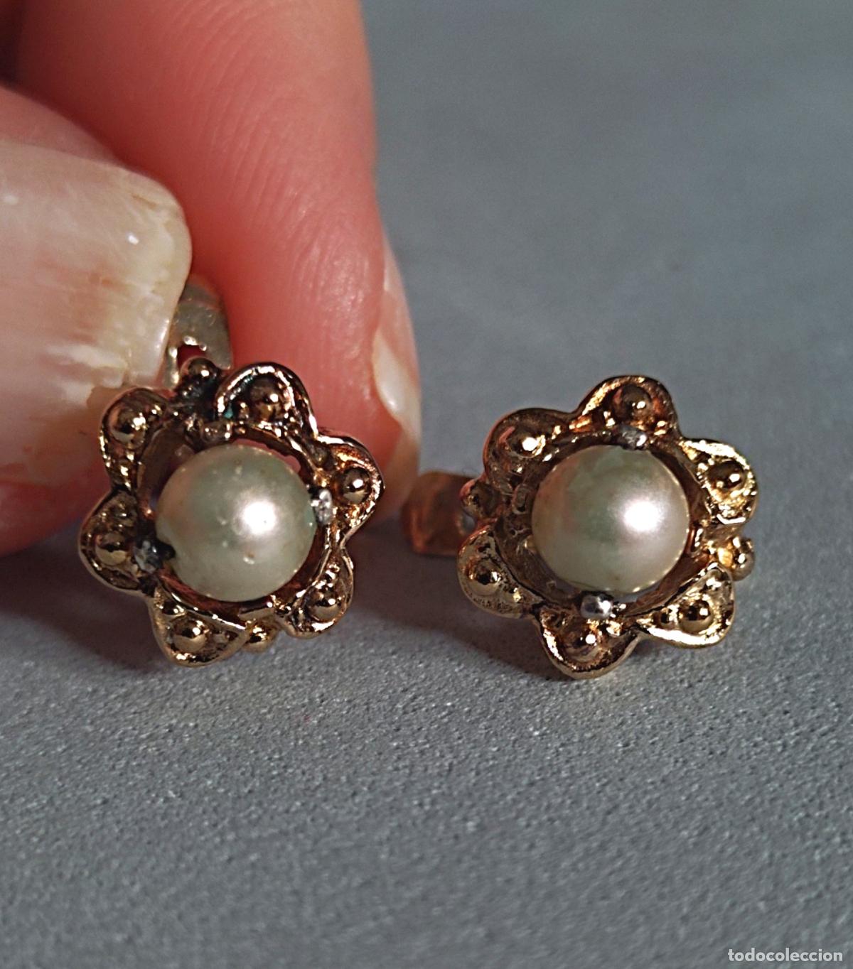 Joyeria: Pendientes de plata de ley con perla, ba&ntilde;o de oro, cierre de pala. - Foto 4