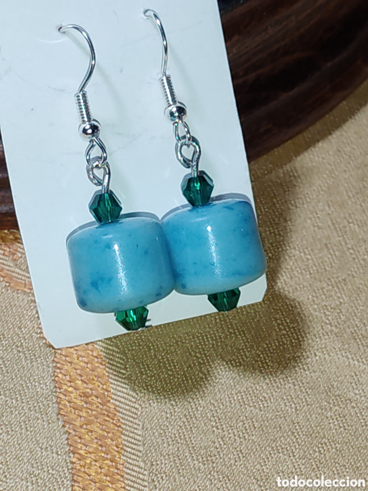 Joyeria: Pendientes de barriles de opalina azul turquesa y cristal.Vintage - Foto 2