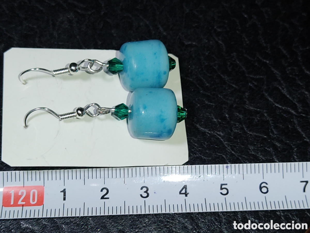 Joyeria: Pendientes de barriles de opalina azul turquesa y cristal.Vintage - Foto 3