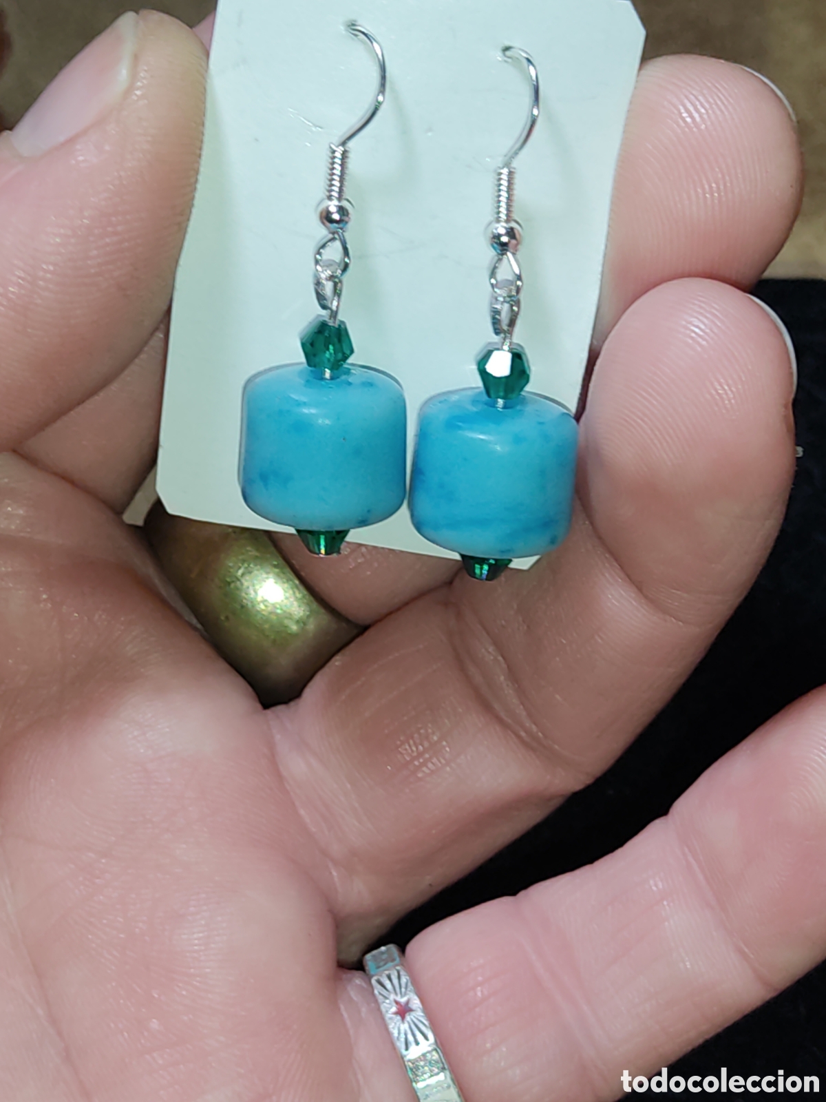 Joyeria: Pendientes de barriles de opalina azul turquesa y cristal.Vintage - Foto 5