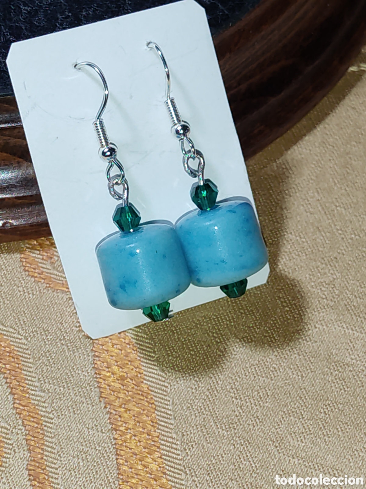 Joyeria: Pendientes de barriles de opalina azul turquesa y cristal.Vintage - Foto 1