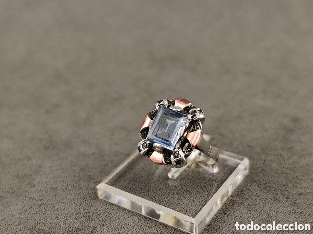 Joyeria: Antiguo Anillo de Plata Oro y Aguamarina