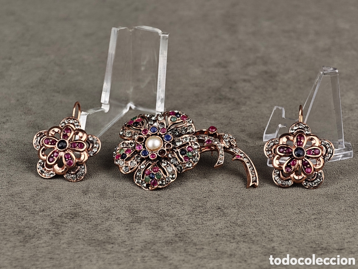 Joyeria: Antiguo Conjunto Broche y Pendientes de Plata Dorada - Foto 2
