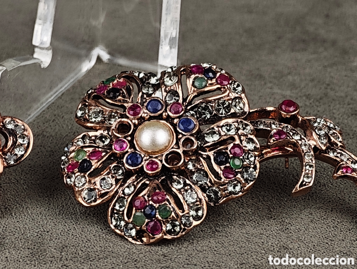 Joyeria: Antiguo Conjunto Broche y Pendientes de Plata Dorada - Foto 4