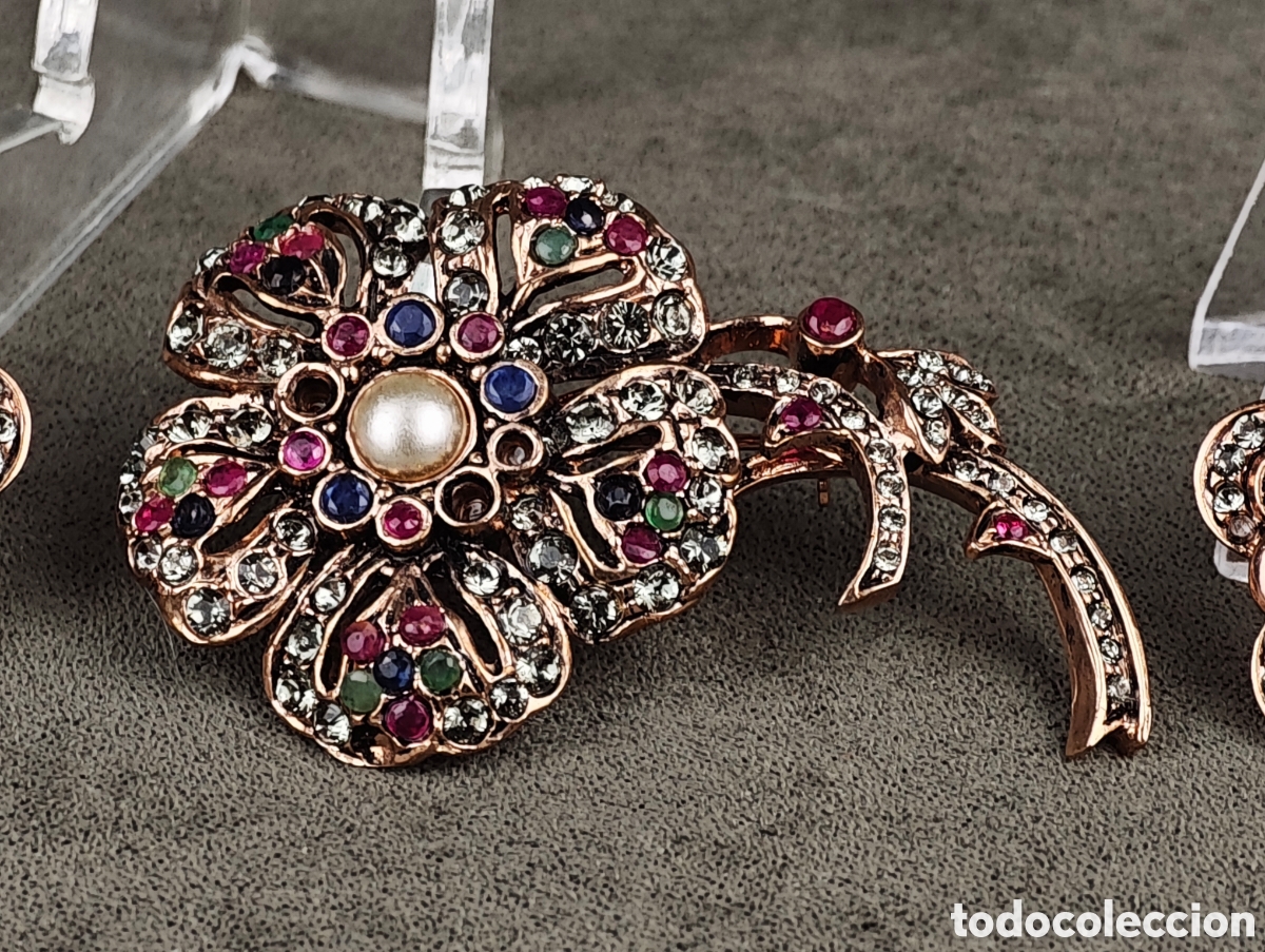 Joyeria: Antiguo Conjunto Broche y Pendientes de Plata Dorada - Foto 6