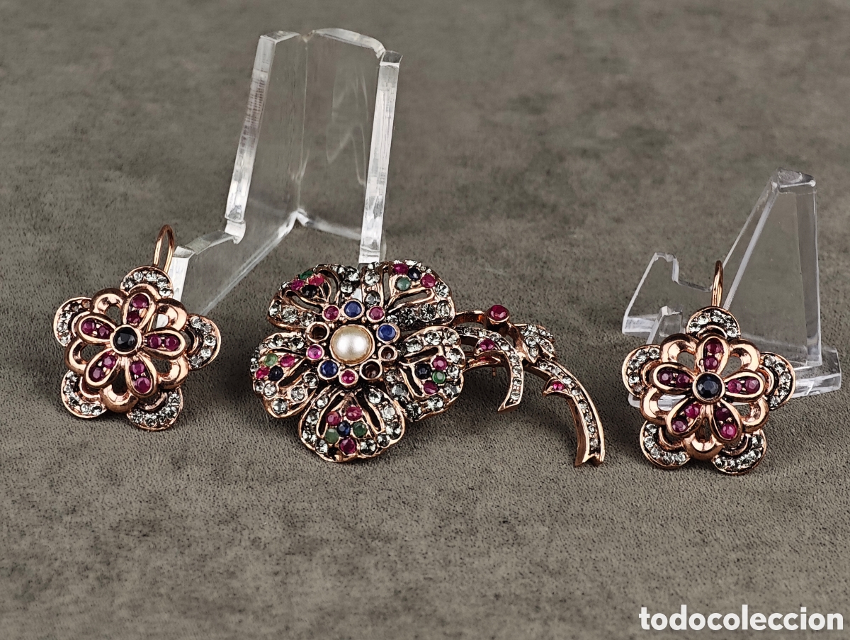 Joyeria: Antiguo Conjunto Broche y Pendientes de Plata Dorada - Foto 8