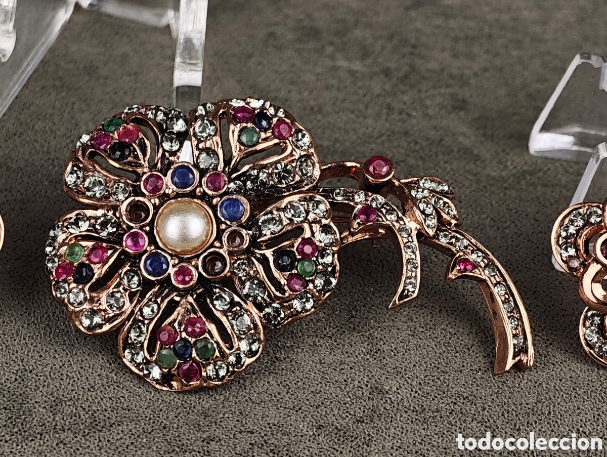 Joyeria: Antiguo Conjunto Broche y Pendientes de Plata Dorada - Foto 9