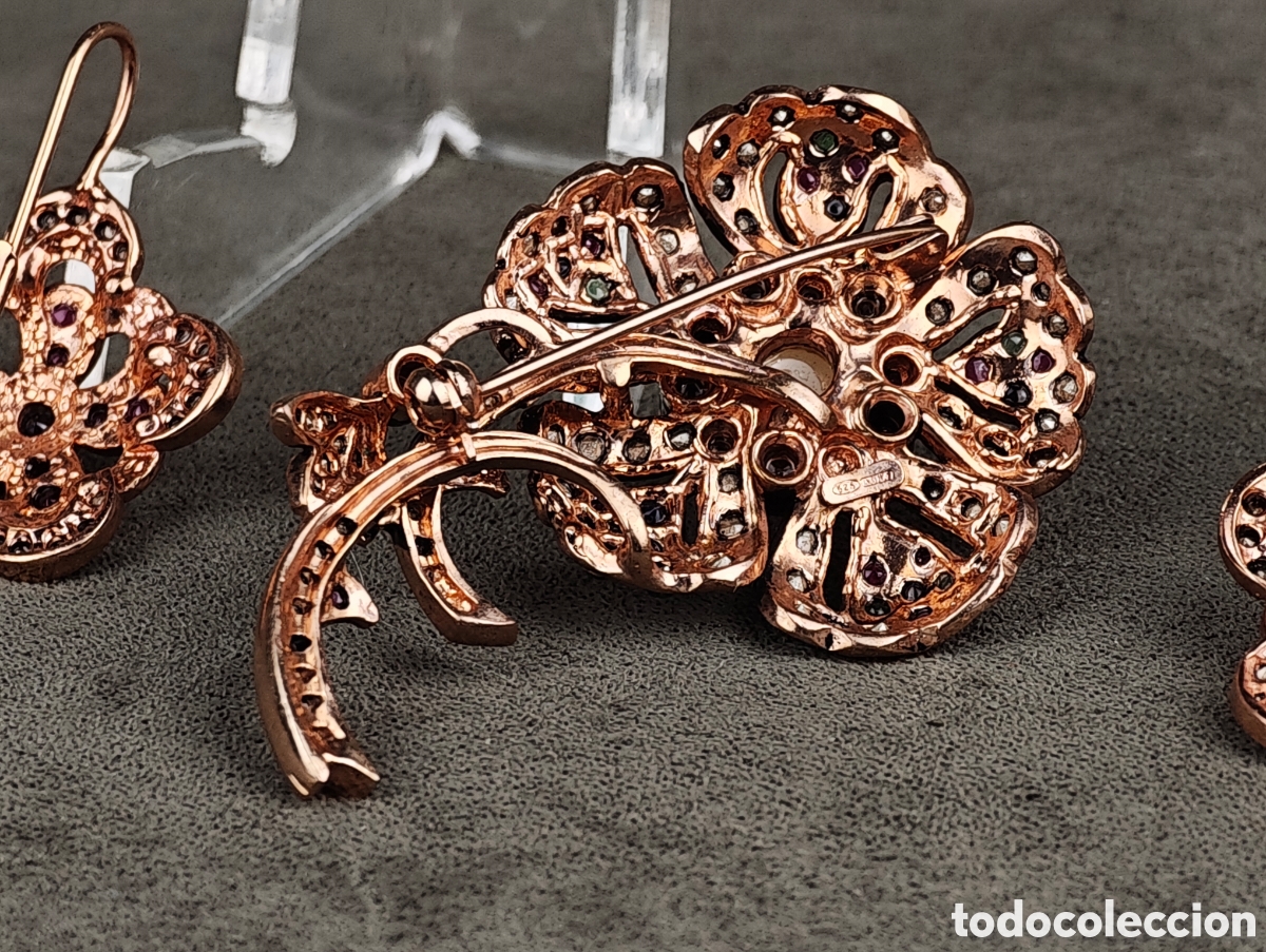 Joyeria: Antiguo Conjunto Broche y Pendientes de Plata Dorada - Foto 12