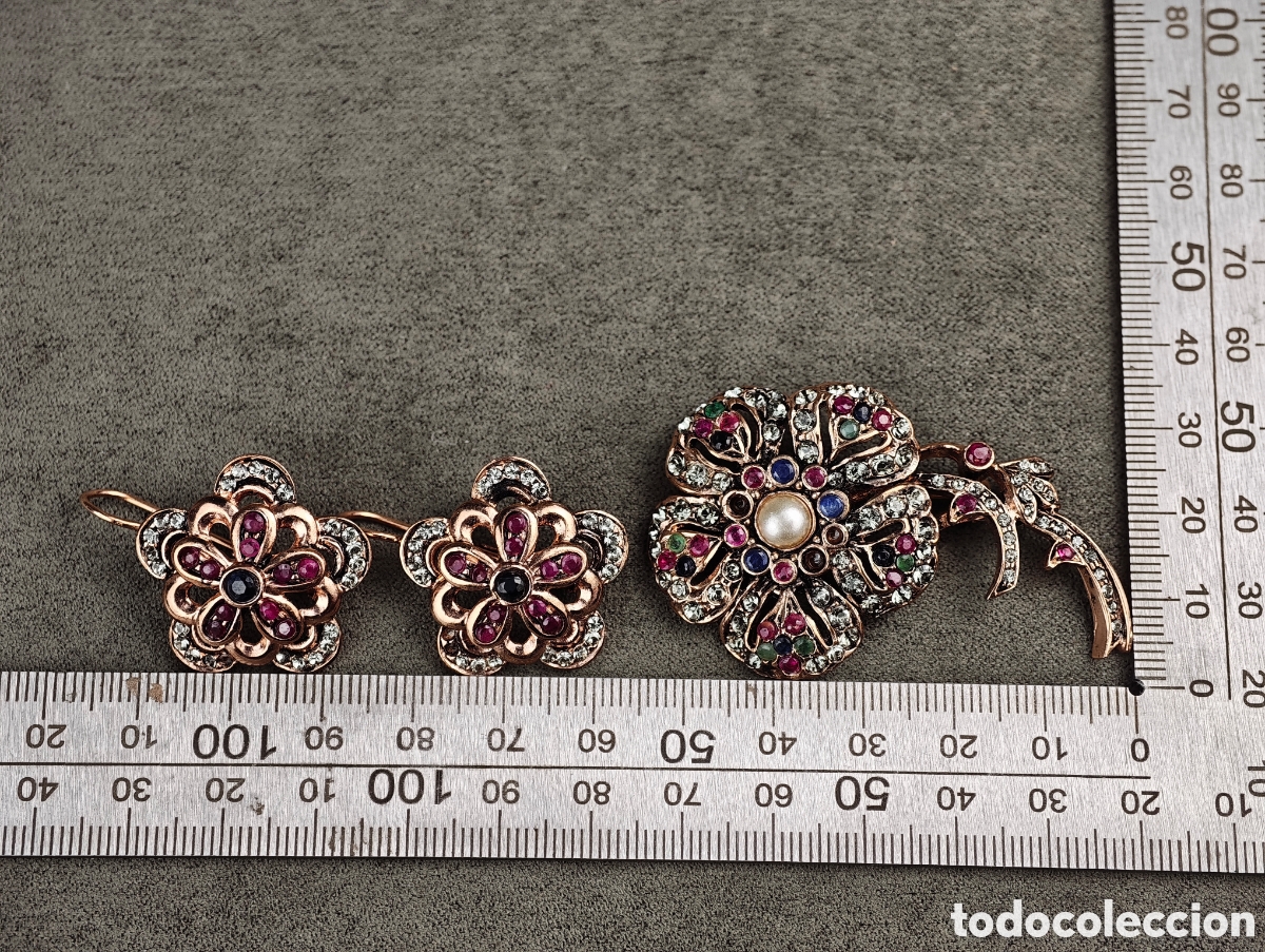 Joyeria: Antiguo Conjunto Broche y Pendientes de Plata Dorada - Foto 17