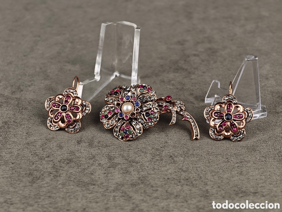 Joyeria: Antiguo Conjunto Broche y Pendientes de Plata Dorada - Foto 1