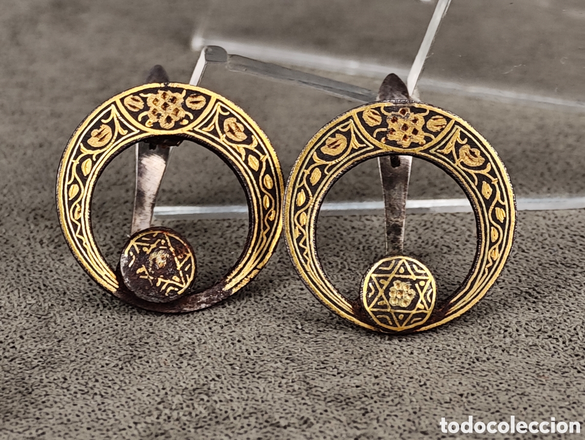 Joyeria: Antiguos Pendientes Damasquinados - Foto 1