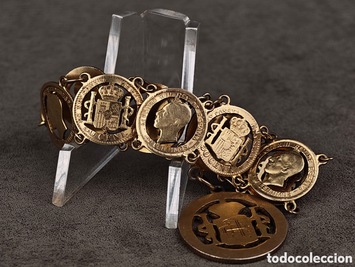 Joyeria: Antigua Pulsera de Plata Dorada hecha a Partir de Monedas - Foto 10