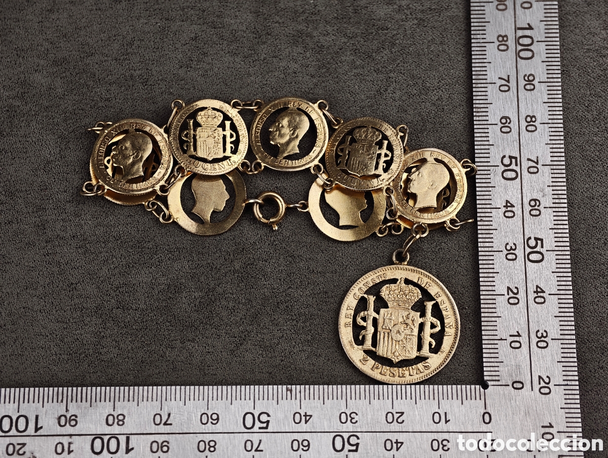 Joyeria: Antigua Pulsera de Plata Dorada hecha a Partir de Monedas - Foto 11
