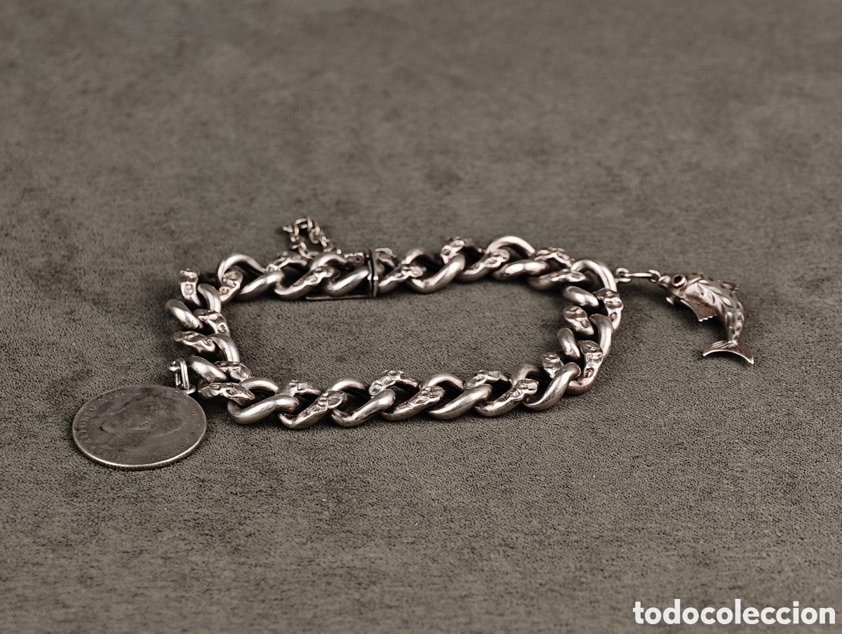 Joyeria: Antigua Pulsera de Plata Moneda y un Pez - Foto 9