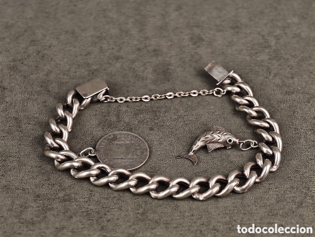 Joyeria: Antigua Pulsera de Plata Moneda y un Pez - Foto 10