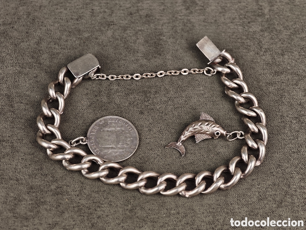 Joyeria: Antigua Pulsera de Plata Moneda y un Pez - Foto 11