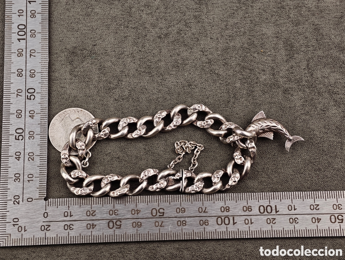 Joyeria: Antigua Pulsera de Plata Moneda y un Pez - Foto 17