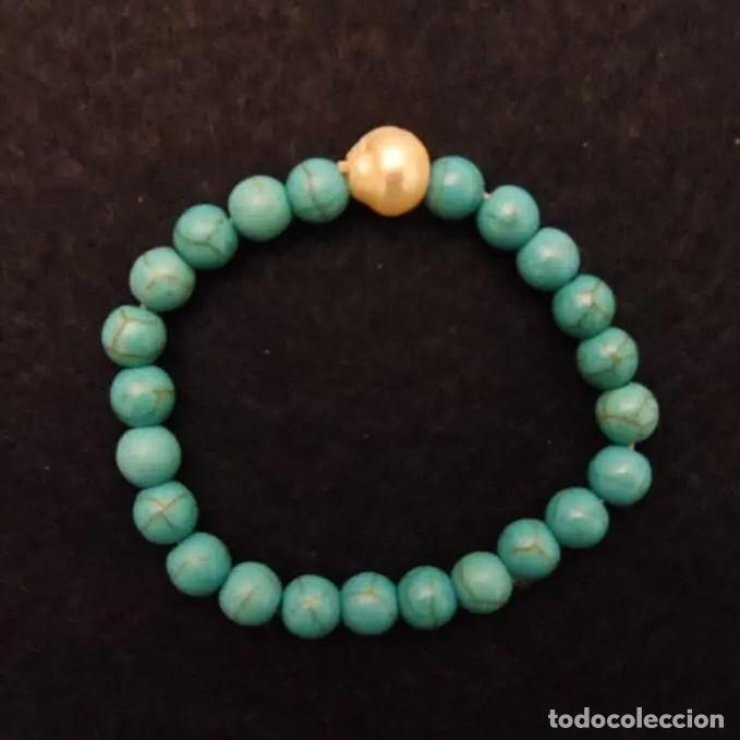 Schmuck: PULSERA ELASTICA DE BOLAS DE TURQUESA 8 MM Y PERLA CULTIVADA 11 MM