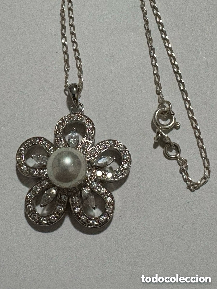 Joalharia: Cadena + colgante flor plata de ley con perlas y piedras brillantes (A2)