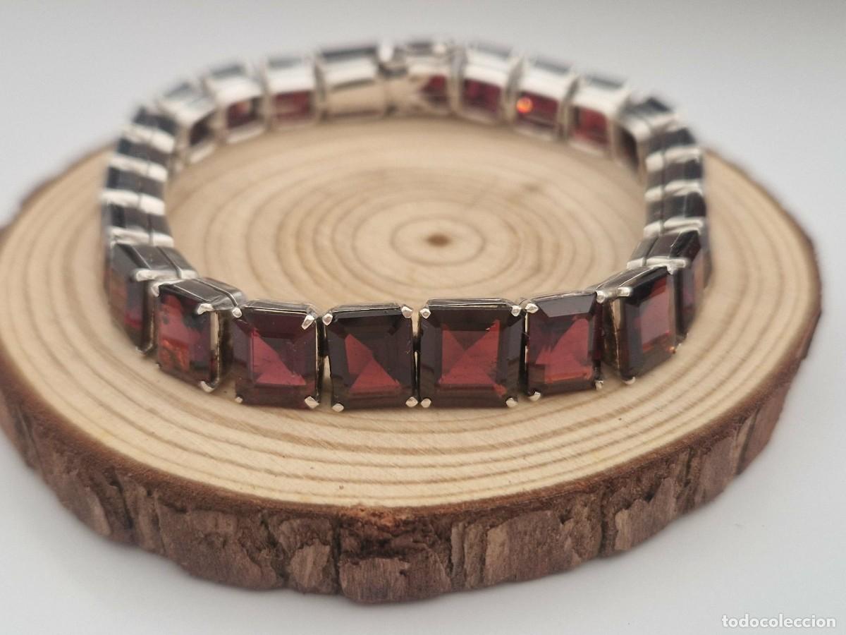 Schmuck: Pulsera de granates, plata de ley 925, granate de corte rectangular, 18 cm/7 pulgadas.