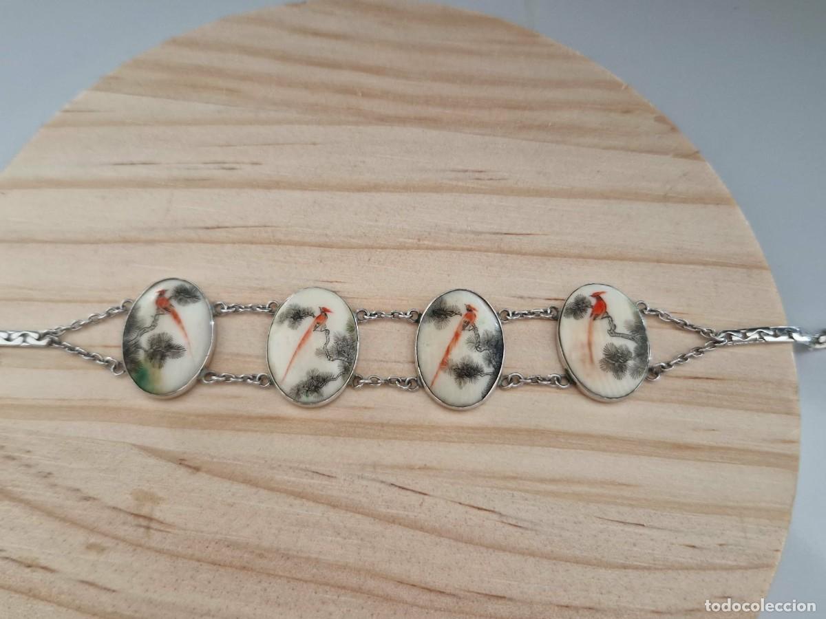 Joaillerie: Pulsera Vintage de 4 paneles con p&aacute;jaros y pinos pintados a mano