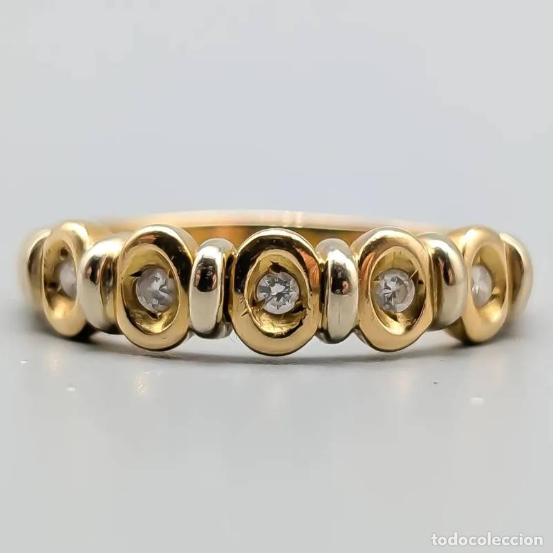 Joyeria: Anel de diamante em ouro 18 quilates com safira, 1,85 gramas, 15,5mm