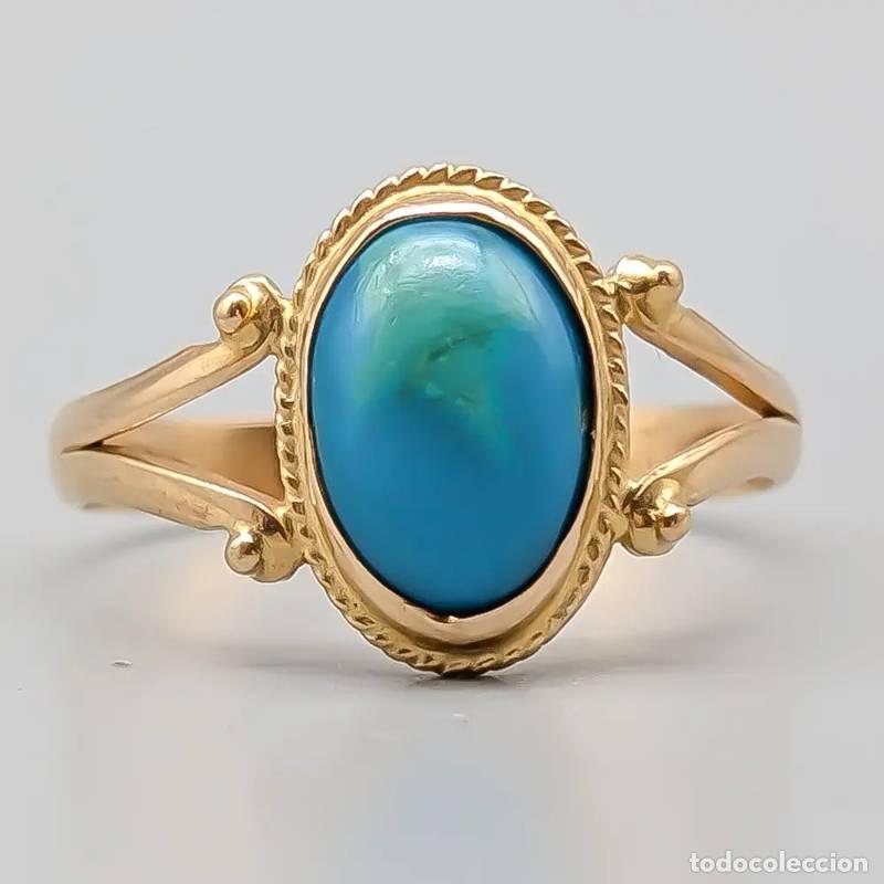 Joyeria: Anel em ouro 14 quilates com pedras verdes, 2,56 gramas, 16,5mm