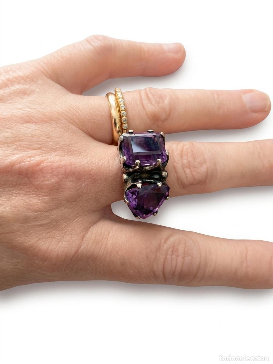 Joyeria: Anillo Plata de Ley 925 (12g) Dise&ntilde;o de Autor - Doble Amatista Morada Talla Asim&eacute;trica