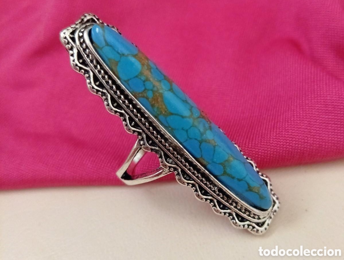 Joyeria: Original anillo con piedra verde turquesa calaita, retro. 5,2cm largo aprox, 18mm di&aacute;m muy bonito