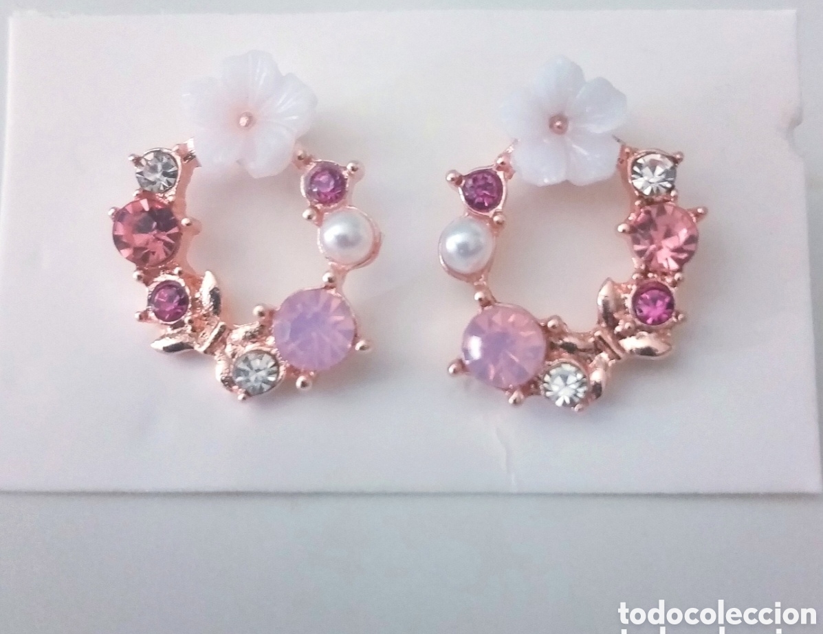 Joyeria: Originales pendientes de bot&oacute;n color oro rosa de flores e incrustaciones brillantes rosa y blanco 1,