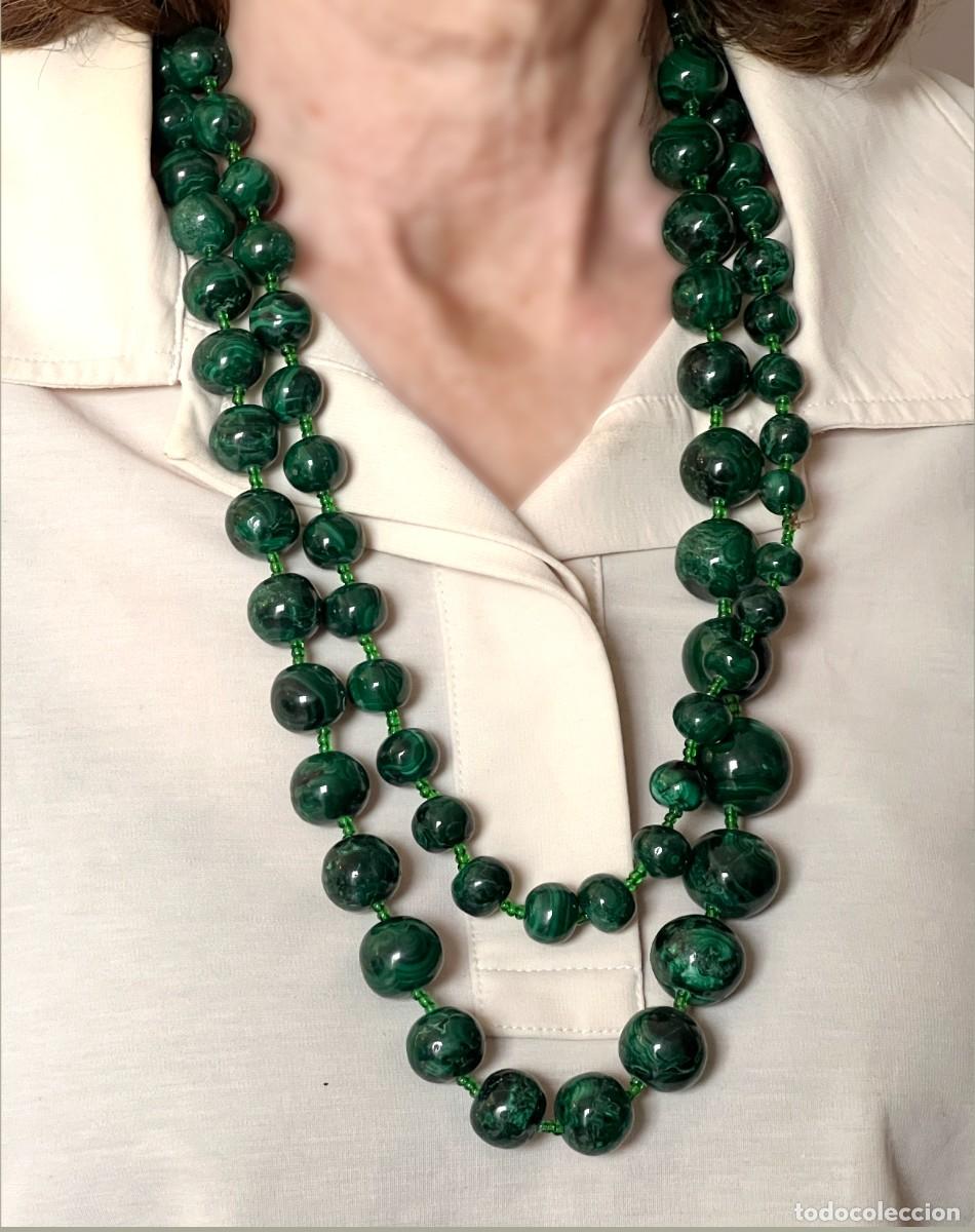 Joalharia: Gran collar de malaquita natural 136 cm 476 g. Doble vuelta.