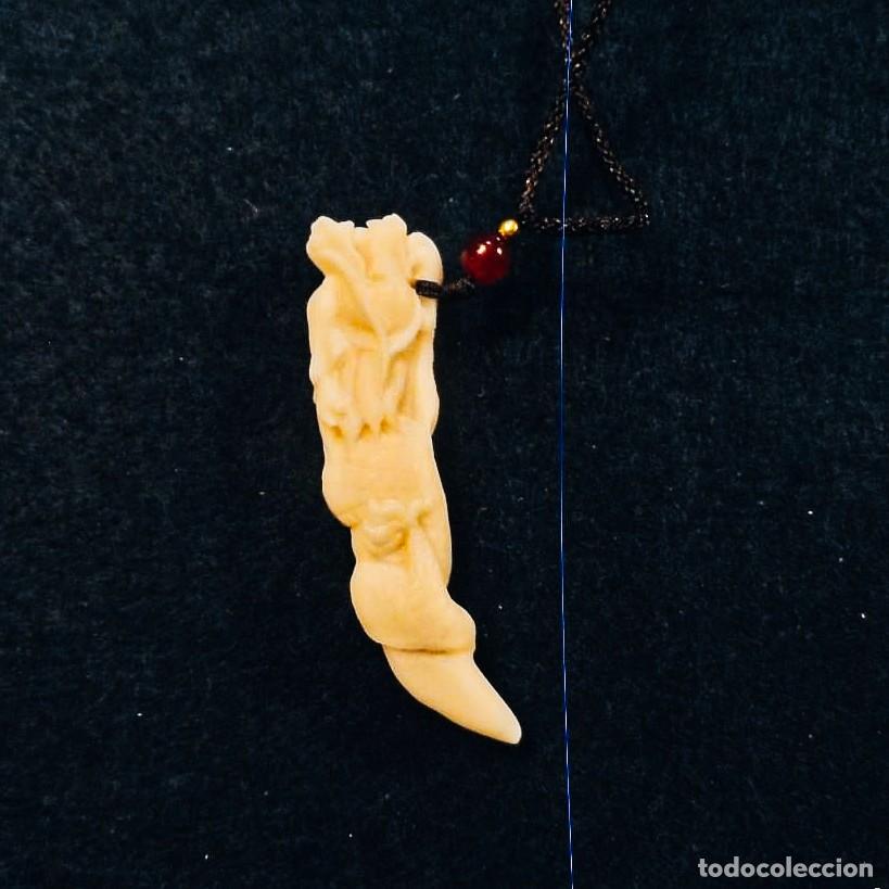 Jewelry: COLGANTE DE RESINA DIENTE DE DRAGON TALLADO. MED. 67 CMS